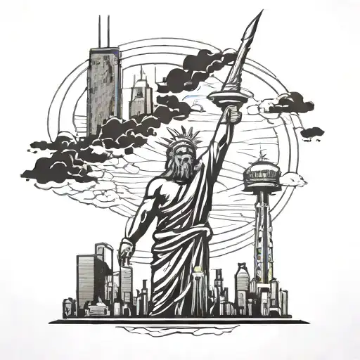 Zeus Holding And Lighting Bolt Sticking The Willis Tower With The Chicago Skyline