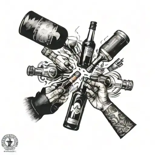 A Creative Tattoo Showcasing The Unity Of Friends With A Toast Using Liquor Bottles