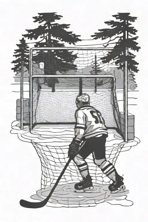 Hockey Net On A Street In Winter With Evergreen Trees In The Background