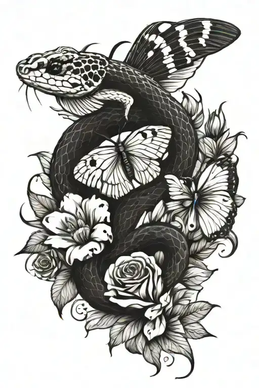 Corn Snake With Roses Carnations And Lillies And Butterflies