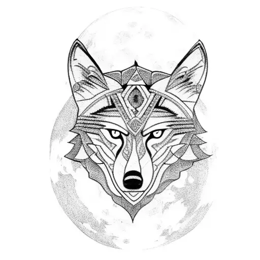A Blackwork Tattoo Of A Wolf Howling At The Moon With Ancient Greek Patterns