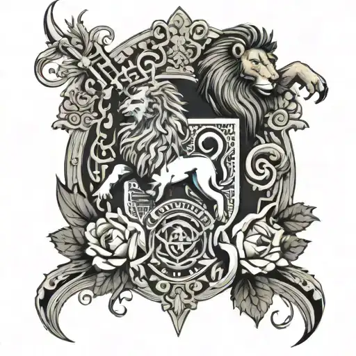 Scottish Clan Crest With Lion And Unicorn In Heraldic Style Including Roses And Thistles