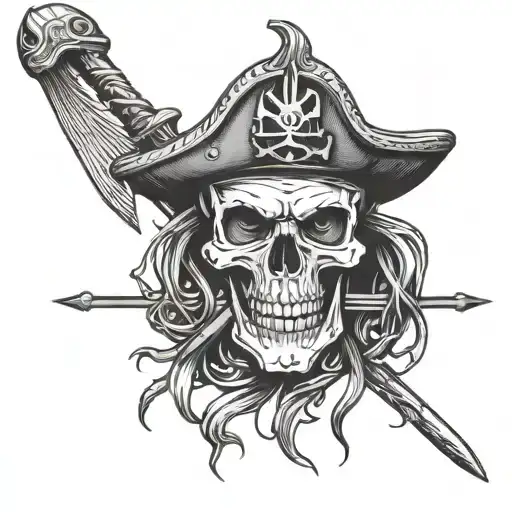 Pirate Skull With One Eyepatch With Oar And Trident Crrossed Behind