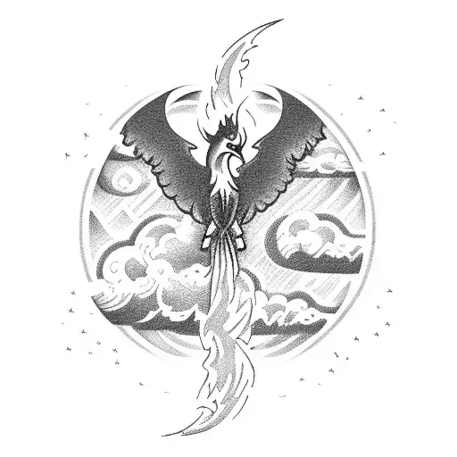 A Rocket Launching From A Beach With Crashing Waves And A Phoenix Rising From The Flames