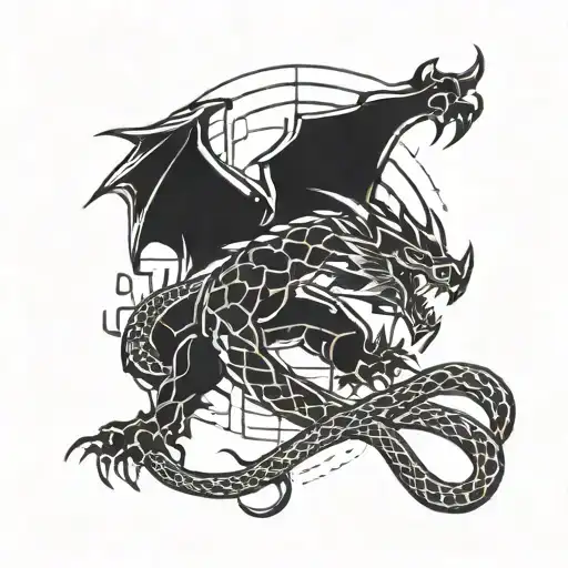 A Minimalist Tattoo Of A Pixelated Dragon And Snake Facing Off In A Gaming Arena