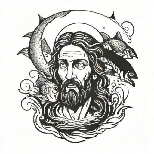 A Stylized Portrait Of Jesus Walking On Water Surrounded By Fish