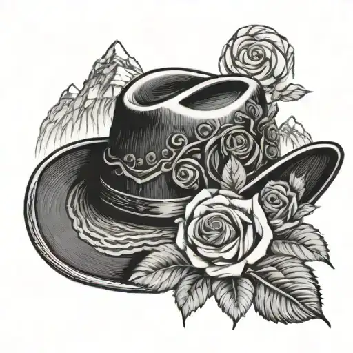 A Cowboy Hat With Roses And Mountains In The Background