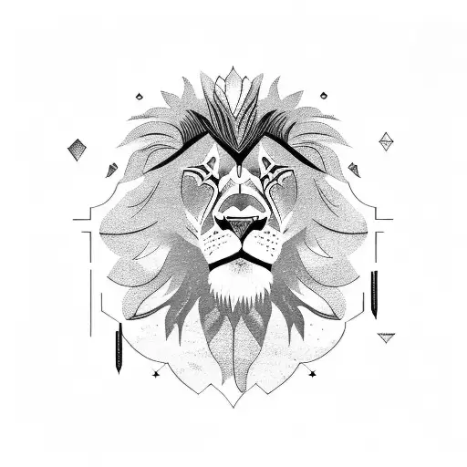 A Blackwork Tattoo Of A Lion Roaring Triumphantly Against A Backdrop Of Towering Mountains