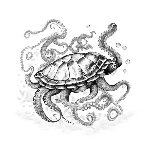 Jellyfish And Octopus Surrounding Turtle And Starfish And Coral