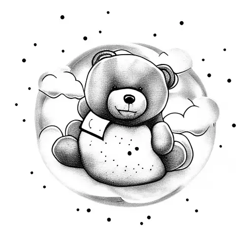 Teddy Bear On Sled In Clouds With Moon