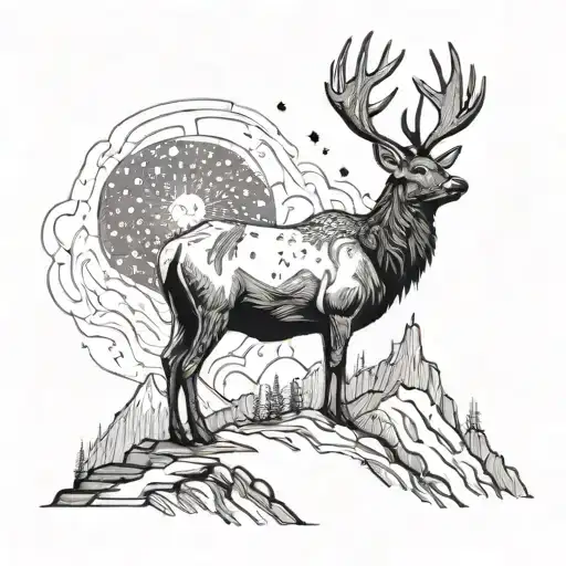 A Majestic Elk Standing On A Mountain Peak Under A Starry Sky