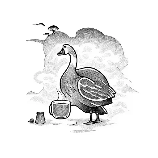 A Goose Drinking A Pint By A Fire In A Field Of Mushrooms