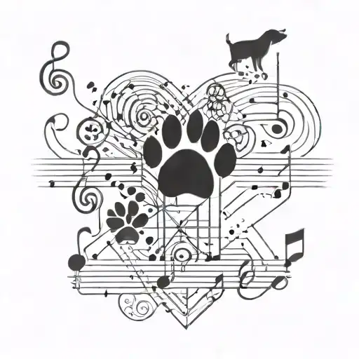 A Geometric Pattern Of Dog Paw Prints And Music Symbols
