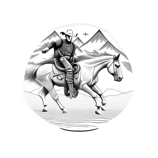 A Cowboy Riding A Wild Mustang Against A Backdrop Of Mountains