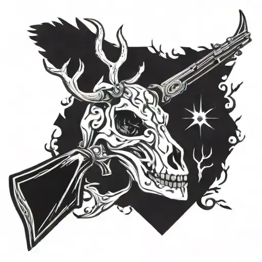 A Stylized Deer Skull Intertwined With A Hunting Rifle