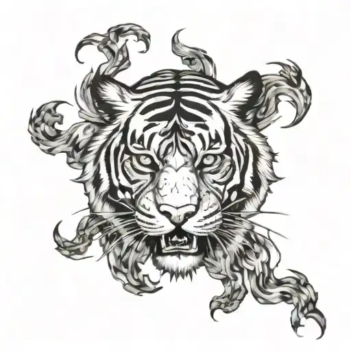 Tiger Roaring Surrounded With Flames