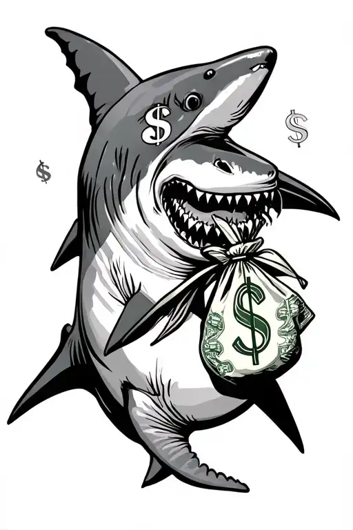 Shark With Dollar Signs In His Eyes Holding A Money Bag In Mouth