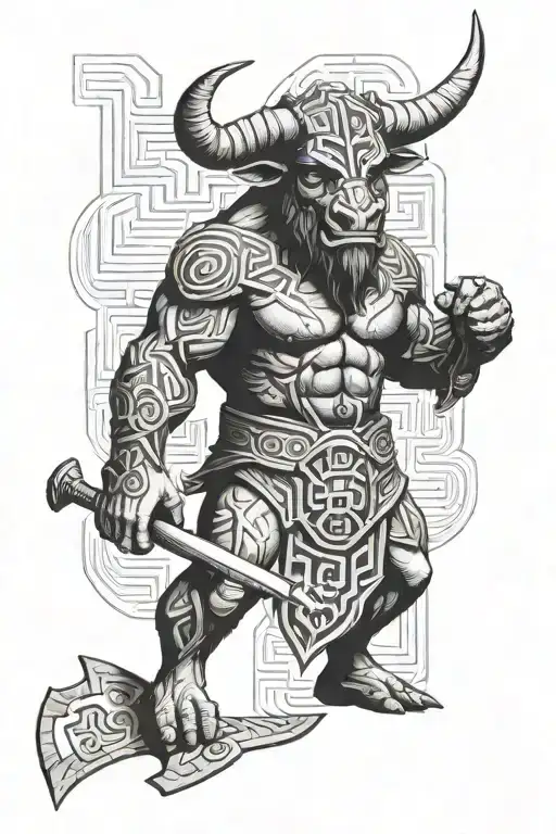 Minotaur With Axe With Maze Background Black And White