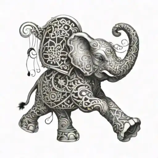 A Surreal Tattoo Of A Dancing Elephant With Intricate Patterns Inspired By Music And Cooking Tools