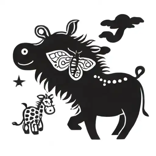 Chibi Style Tattoo Giraffe Gracefully Walking With A Bee On Head