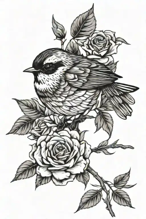 Fantail Bird Pirched On Rose Stem With 3 Flowers