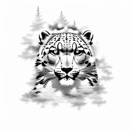 A Serene Forest Scene With A Hidden Snow Leopard Among The Trees