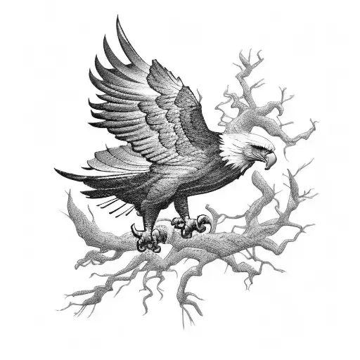 A Blackwork Tattoo Of A Majestic Eagle Perched On A Tree Branch