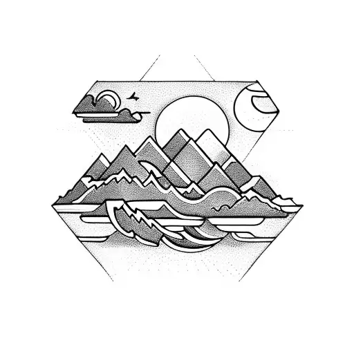 Waves And Mountain Reciprocating With Sun And Moon In A Diamond Shaped