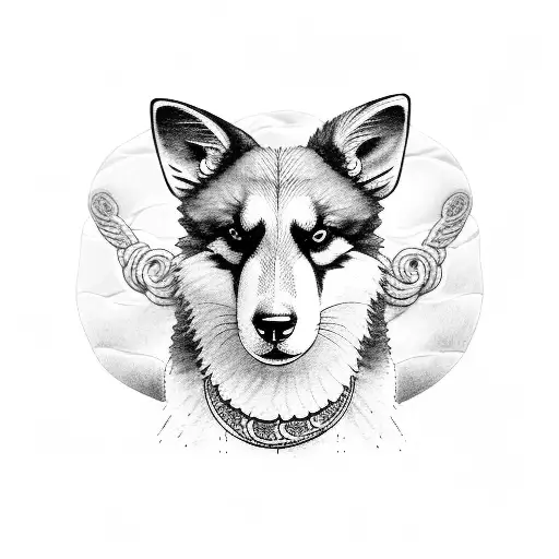 Sheperd Dog With Crow And Pigeon Flying By His Sides And Snake Around His Neck