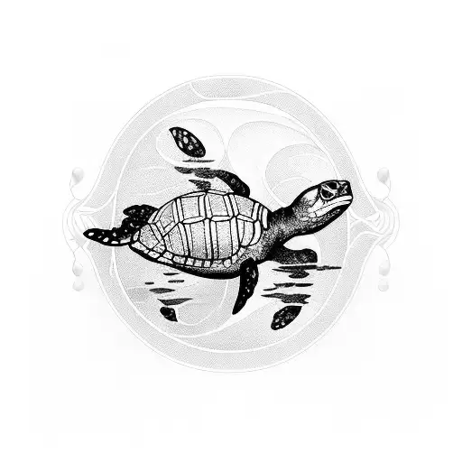 A Blackwork Tattoo Of A Swimming Turtle With Musical Notes As Its Shell Patterns