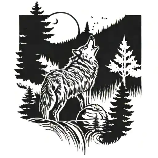 A Wolf Howling At The Moon In A Forest Filled With Waterfalls