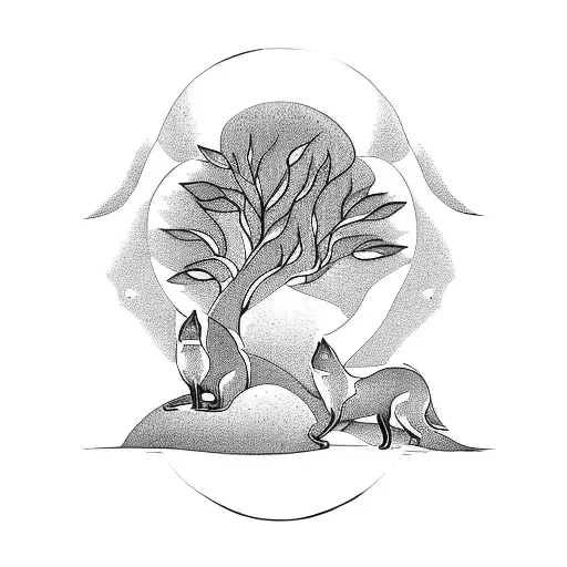 A Gemini Symbol Formed By Two Trees With Foxes Peeking Out From Behind Them