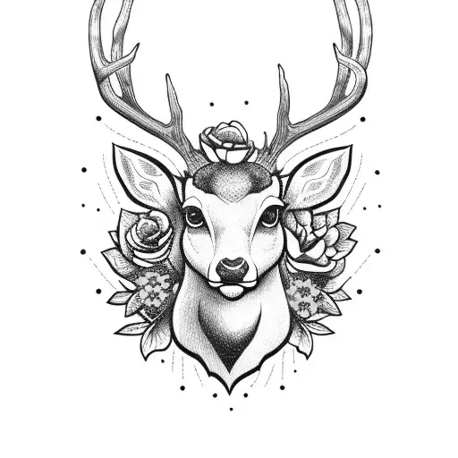 Deer Head With Yellow Flowers And Straight Razor