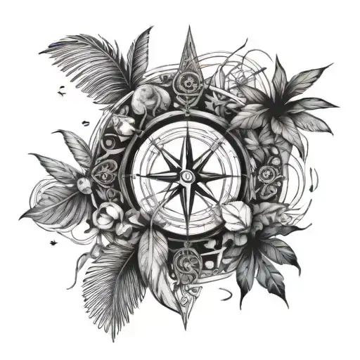 An Intricate Blackwork Tattoo Of A Compass Rose Surrounded By Tropical Beach Elements