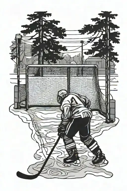Hockey Net On A Street In Winter With Evergreen Trees In The Background