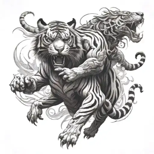 A Combination Of A Tiger And A Bull In A Fierce Battle Scene