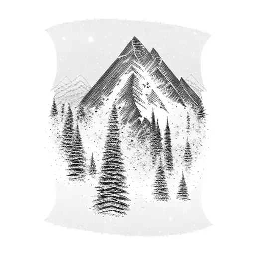 A Majestic Snow-covered Mountain Peak Surrounded By Tall Trees Against A Starry Night Sky