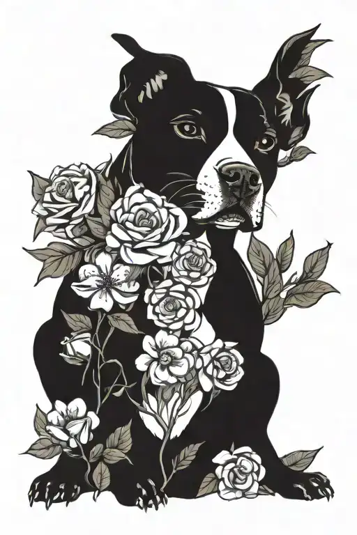 Flowers And Pitbull Dog