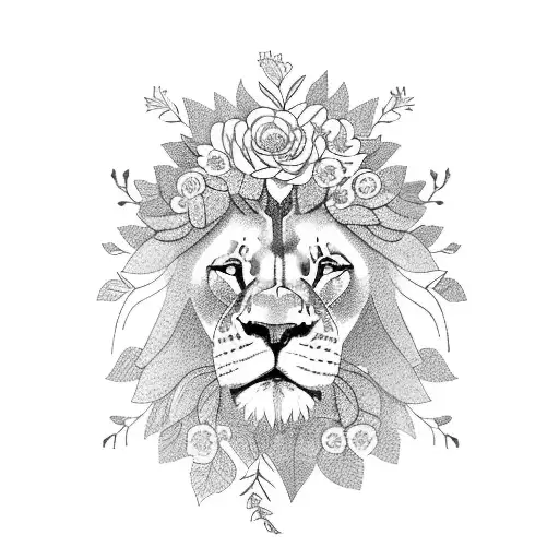 A Majestic Lion Surrounded By A Wreath Of Flowers And Leaves