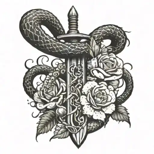 Snake Slithering Up A Sword Dripping Blood With Flowers At The Bottom