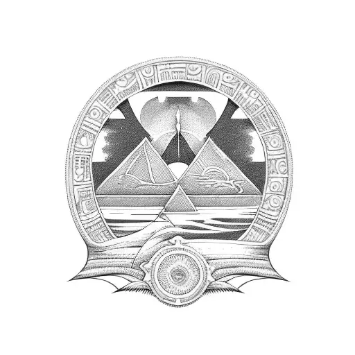 A Mystical Beach Scene With Ancient Egyptian Symbols