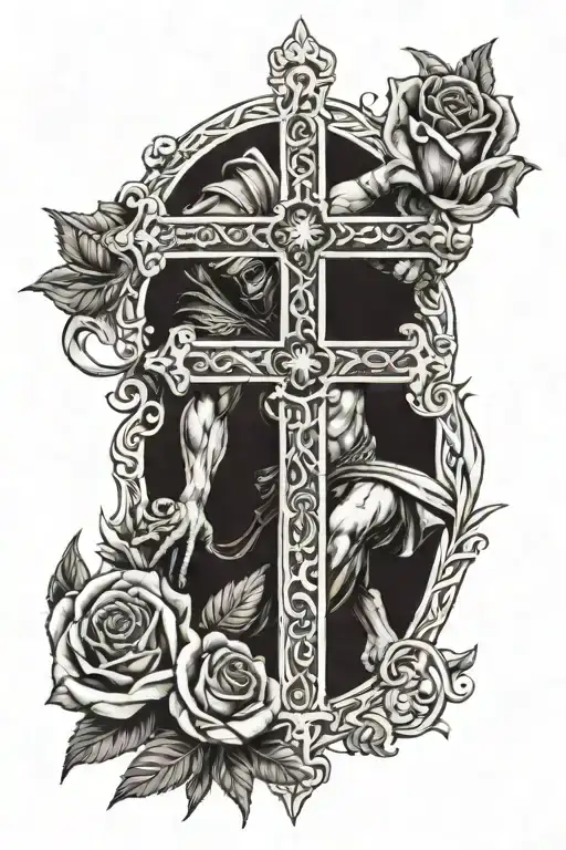 Cross With Kneeling Spartan And Rose At Bottom Part
