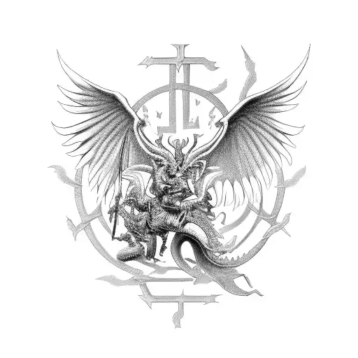 Saint Michael Defeating A Dragon In An Epic Battle