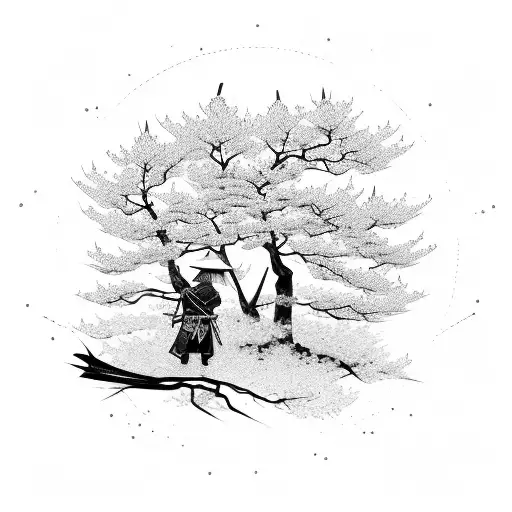 A Samurai Standing Under A Cherry Tree With Cherry Blossoms Falling Around Him