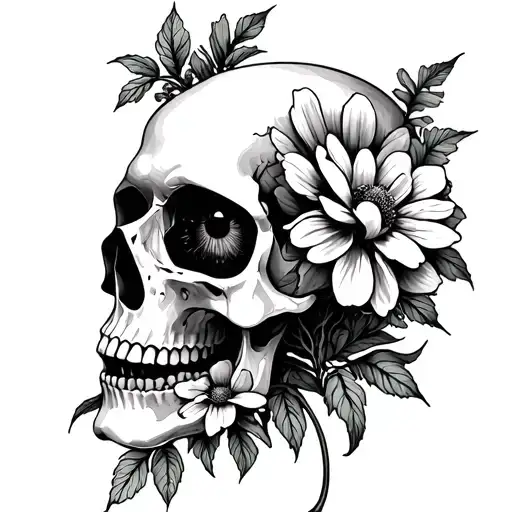 Skull With Flowers Growing From Eye Long Stem