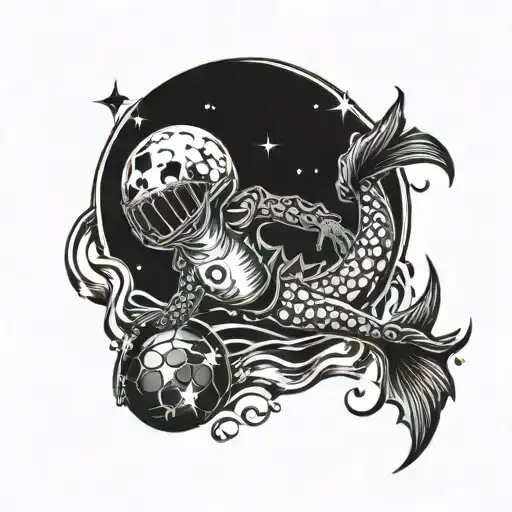 A Tattoo Of A Sea Creature Playing A Football Under A Crescent Moon