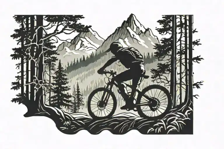 A Silhouette Of A Mountain Biker Riding Through A Forest Trail