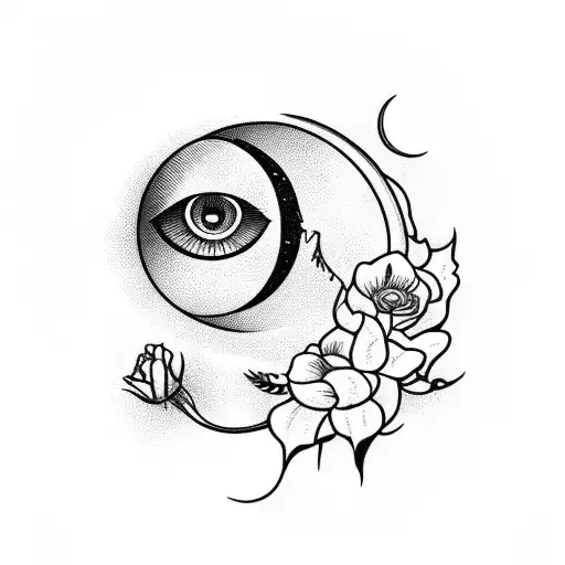 A Surreal Scene Of An Eye-shaped Moon With Flowers Growing From It