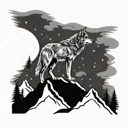 A Mystical Wolf Howling At The Moon While Standing On A Mountain Peak