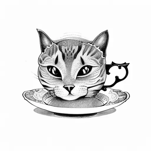 A Blackwork Tattoo Of A Cat Sitting On A Teacup In A Garden